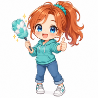Lau, the app’s mascot: a cheerful chibi girl with a ginger ponytail and a teal hoodie, holding a feather duster.